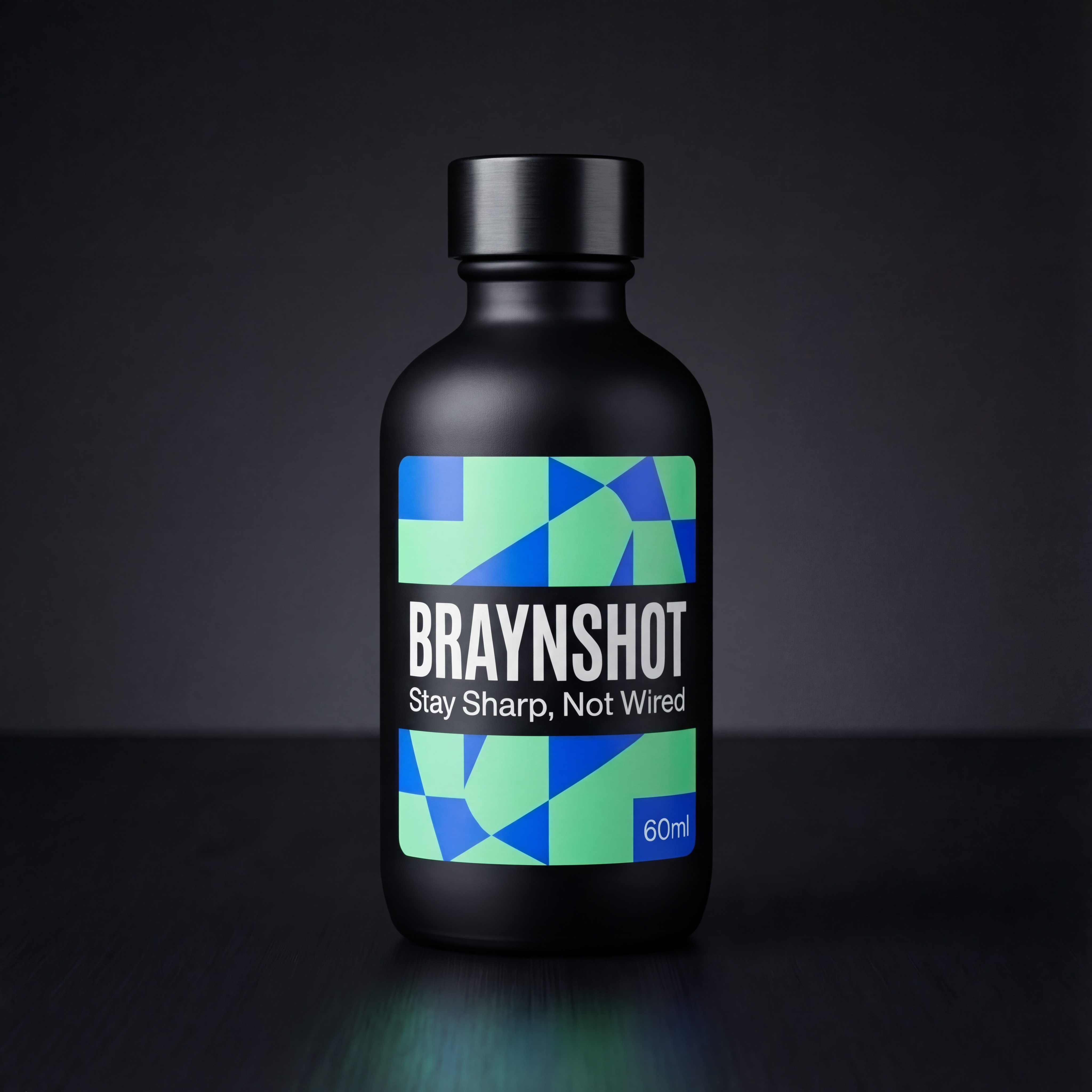 Braynshot 60ml Focus Shot - Premium nootropic drink in a sleek black bottle with mint and blue geometric label design